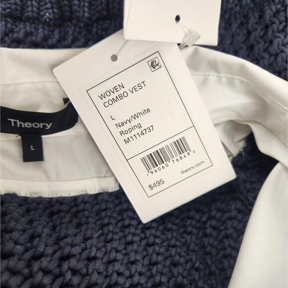 Theory Woven Combo Vest Shirt in Navy & White Size Large NWT Sweater - Picture 10 of 12
